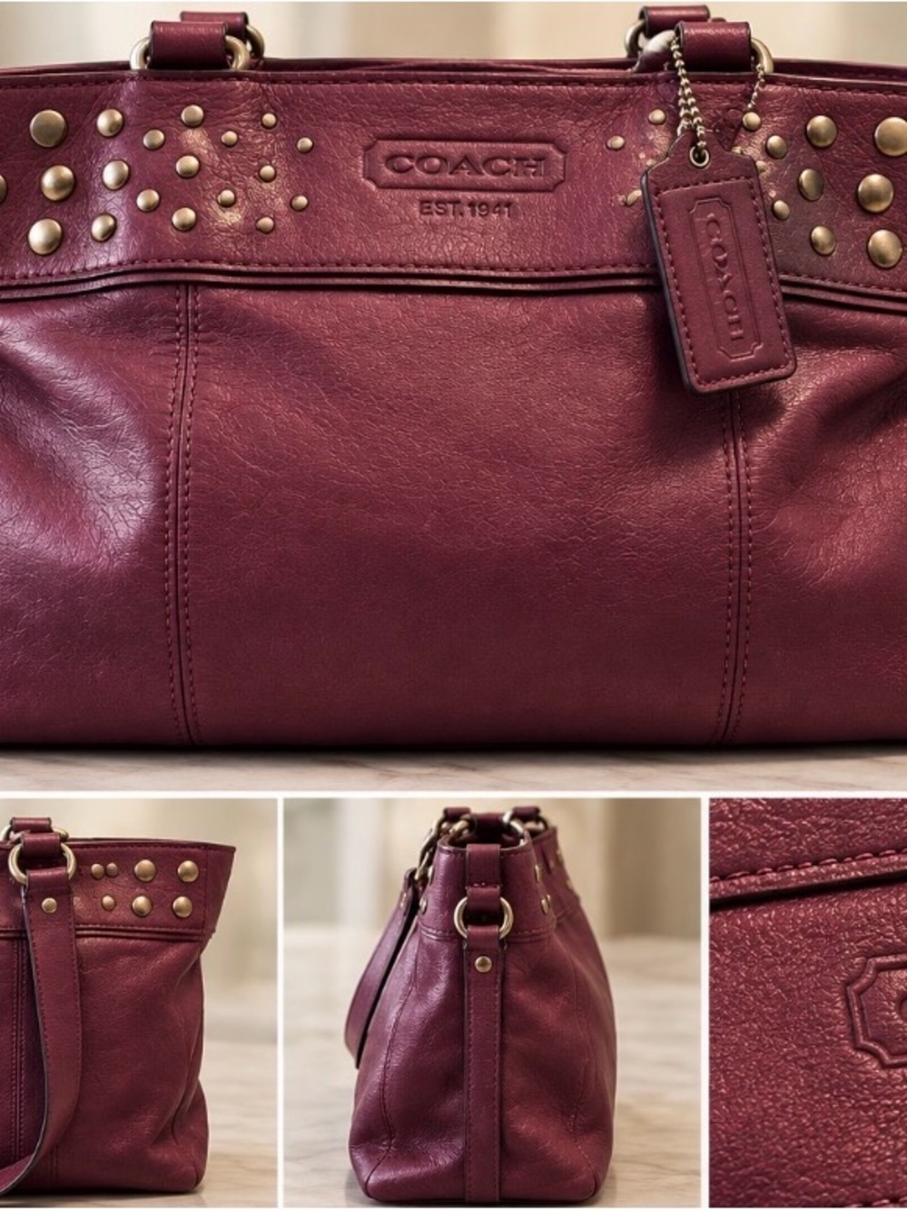 COACH Burgundy Studded Leather Shoulder Bag